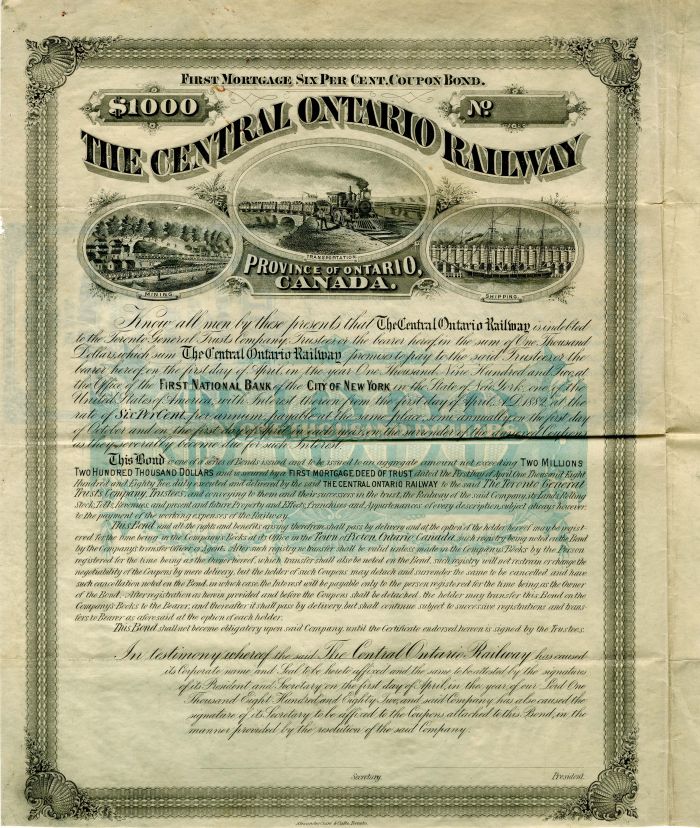 Central Ontario Railway - $1,000 Unissued Railroad Bond