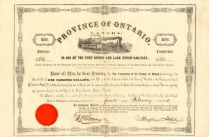 Province of Ontario, Canada - 1874 dated $100 Bond