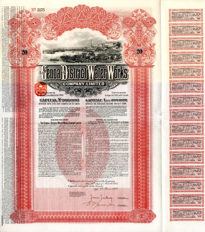 Genoa and District Water Works Co. Limited - £20 Bond