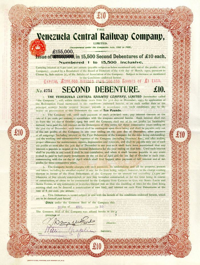 Venezuela Central Railway Co. - £10 Bond