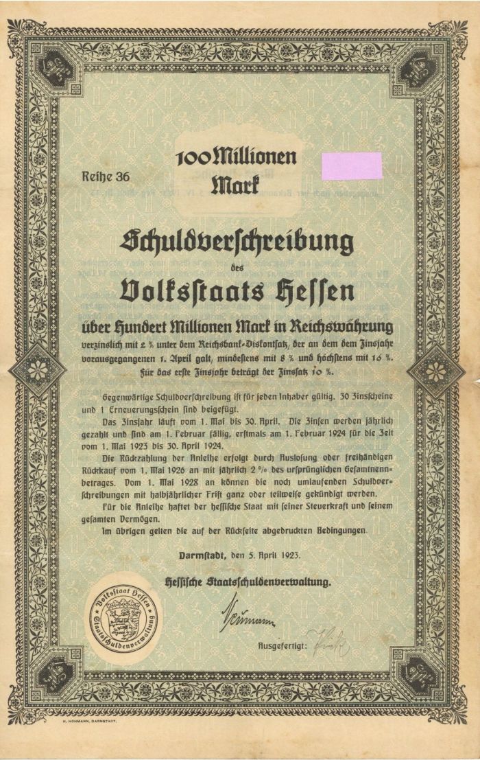 100 Million German Marks - German Bond