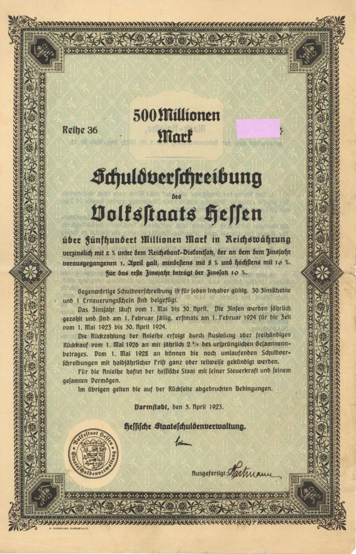 500 or 100 Million Marks - German Bond