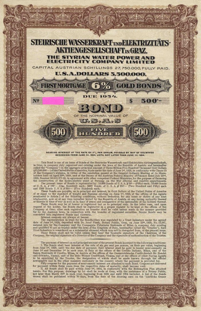Styrian Water Power and Electricity Co 6% Uncancelled $500US Gold Bond of 1929 with PASS-CO AUTHENTICATION (Uncanceled)
