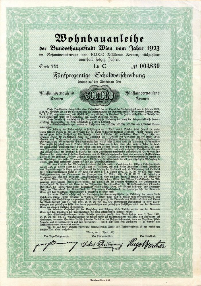 Germany - 500,000 or 100,000 Kronen Bond