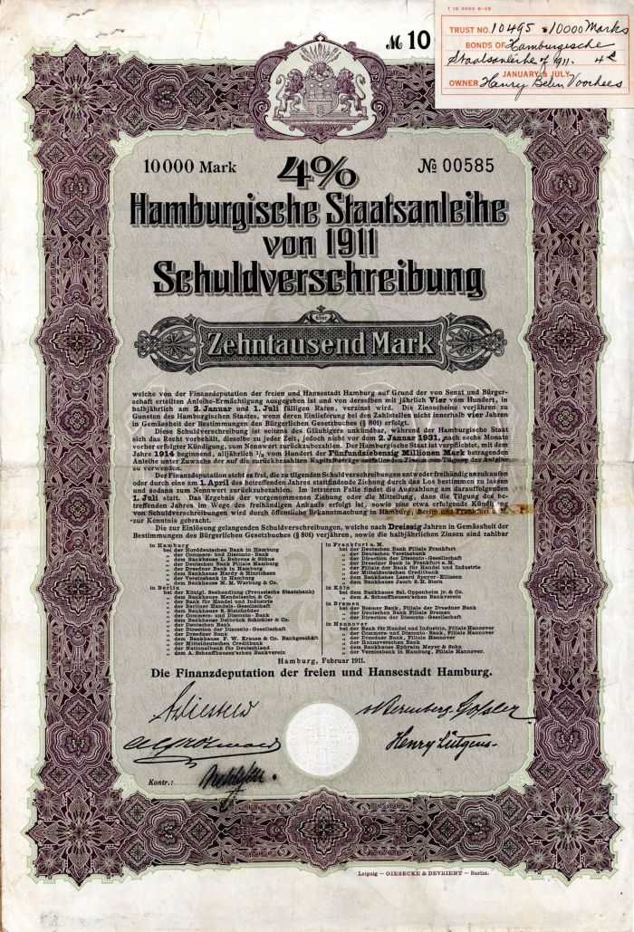 Hamburgische Staatsanleihe - 10,000 Mark Bond