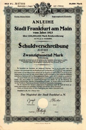 Anleihe der Stadt Frankfurt am Main - 20,000 Marks Bond