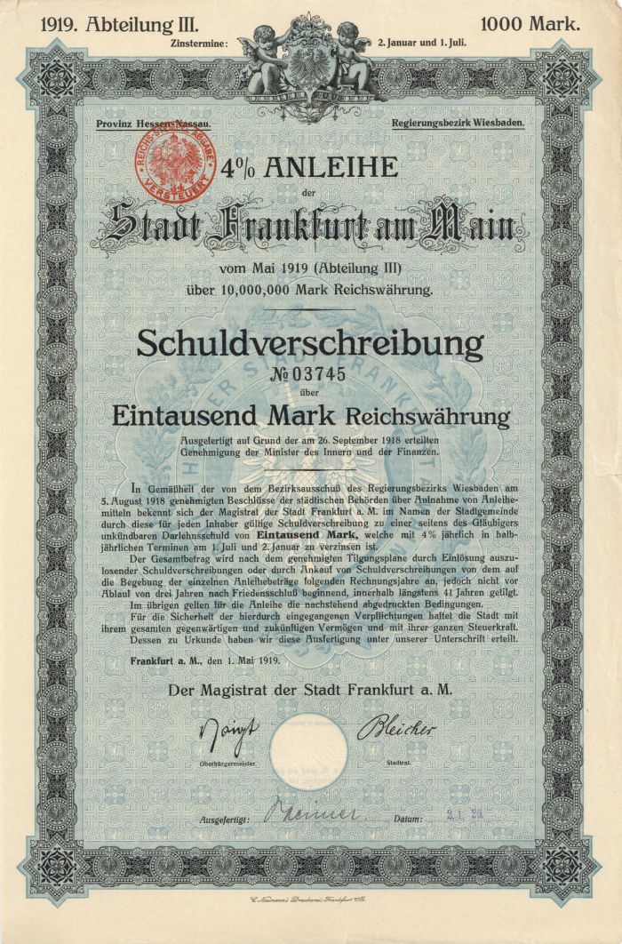 Anleihe der Stadt Frankfurt am Main - 500 or 1,000 Marks Bond