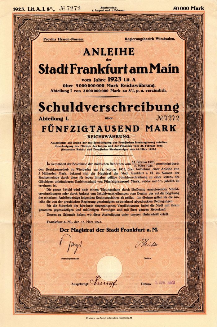 Anleihe der Stadt Frankfurt am Main - 50,000 or 5,000 Marks Bond