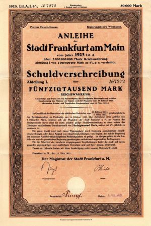 Anleihe der Stadt Frankfurt am Main - 50,000 or 5,000 Marks Bond