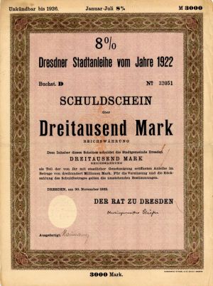 Dresdner Stadtanleihe vom Jahre - 3,000 Marks Bond (Uncanceled)