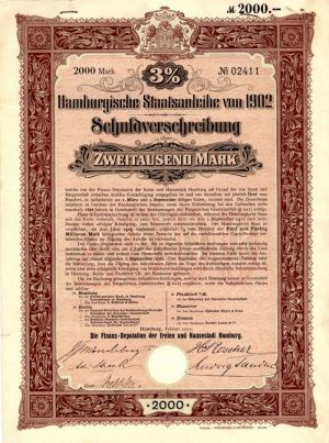 Hamburgische Staatsanleihe - 2,000 or 500 Marks Bond (Uncanceled)