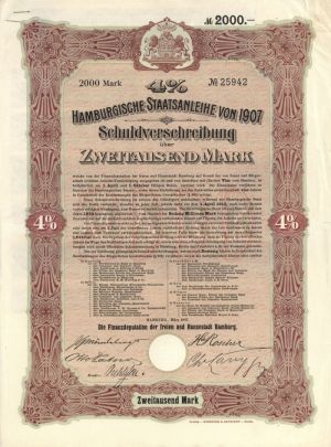 Hamburgische Staatsanleihe - 2,000 or 1,000 Marks Bond (Uncanceled)