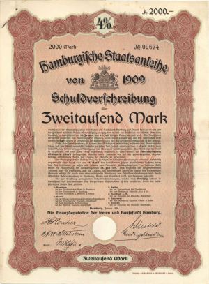 Hamburgifche Staatsanleihe - 2,000 or 1,000 Marks Bond (Uncanceled)