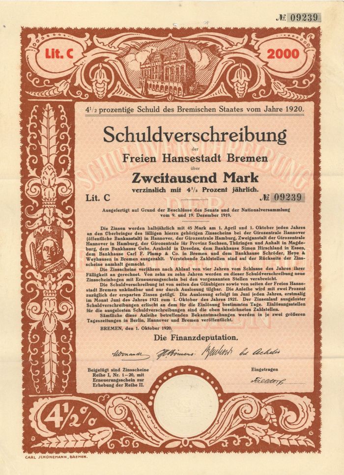 Schuldverschreibung der Freien Hansestadt Bremen- 2,000 Marks Bond (Uncanceled)