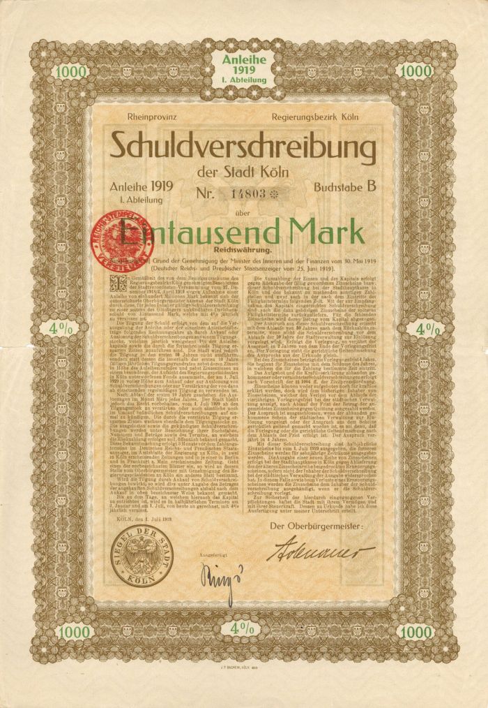 Schuldverschreibung der Stadt Koln- 1,000 or 5,000 Marks Bond (Uncanceled)