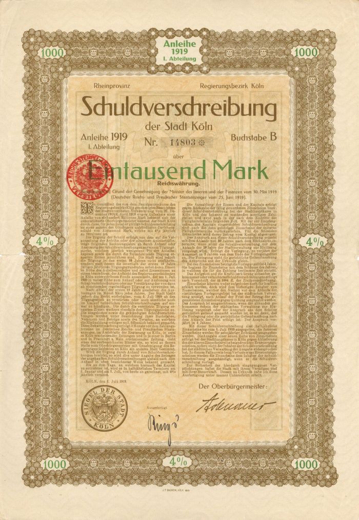 Schuldverschreibung der Stadt Koln- 1,000  or 5,000 Marks Bond (Uncanceled)