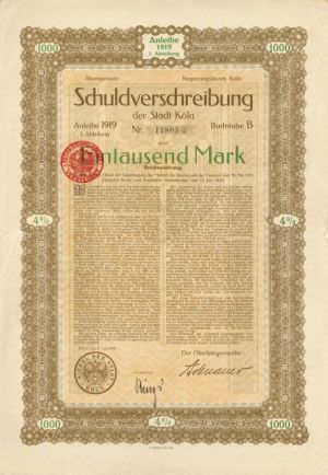 Schuldverschreibung der Stadt Koln- 1,000  or 5,000 Marks Bond (Uncanceled)