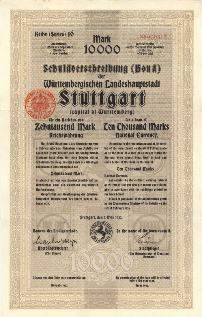 Schuldverschreibung der Wurttembergischen Landeshauptstadt- 10,000 Marks Bond (Uncanceled)