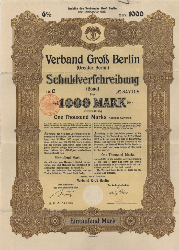 Verband Gross Berlin- 1,000 or 5,000 Marks Bond (Uncanceled)