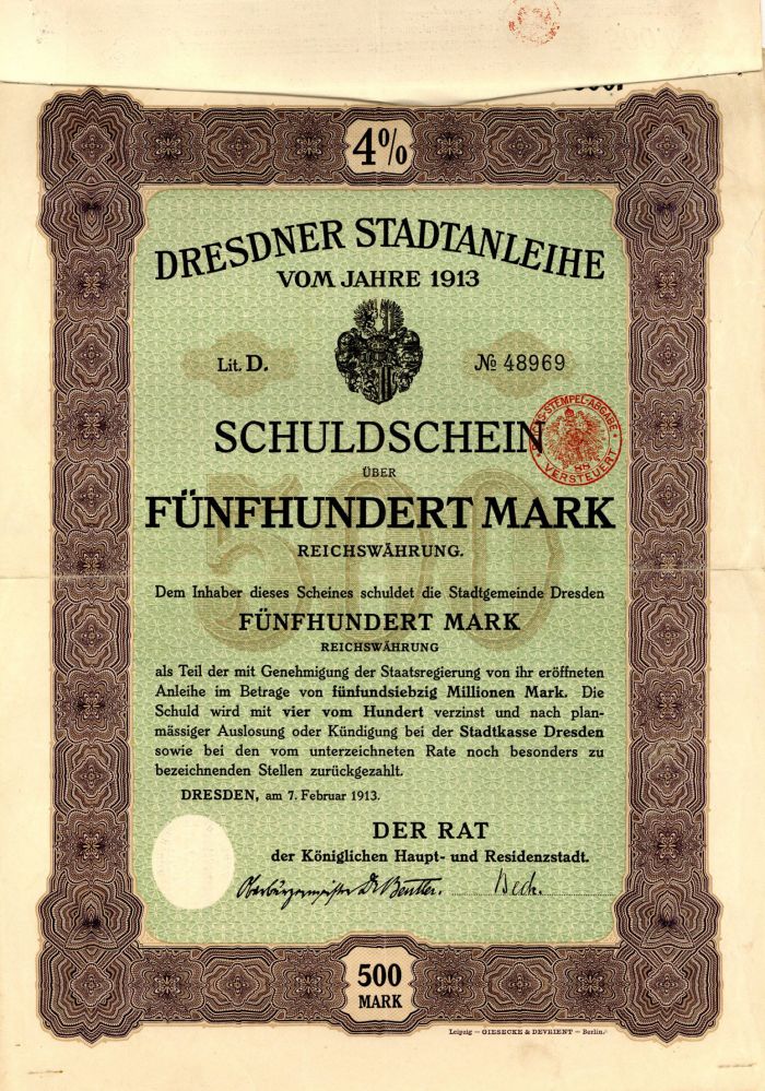 Dresdner Stadtanleihe- 500 Mark Bond