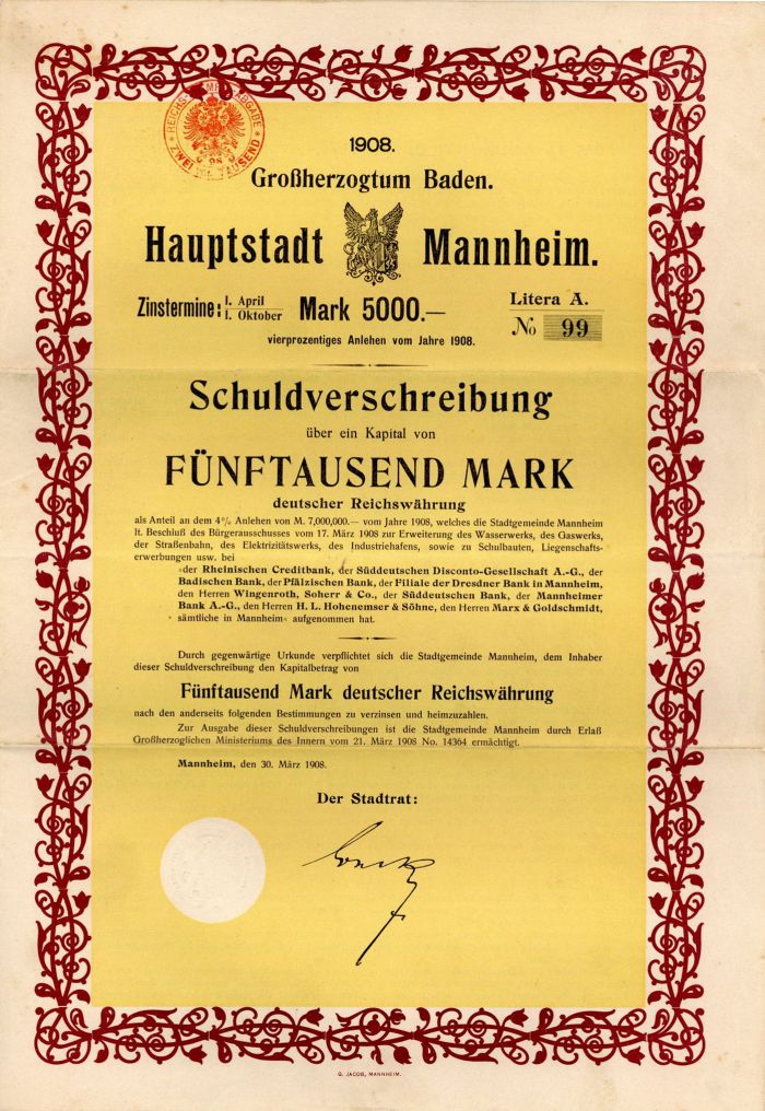 Hauptstadt Mannheim - 5,000 German Mark Bond