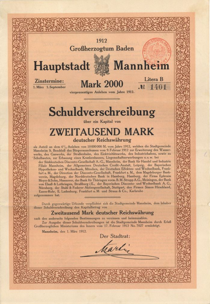 Hauptstadt Mannheim - 2,000 German Mark Bond