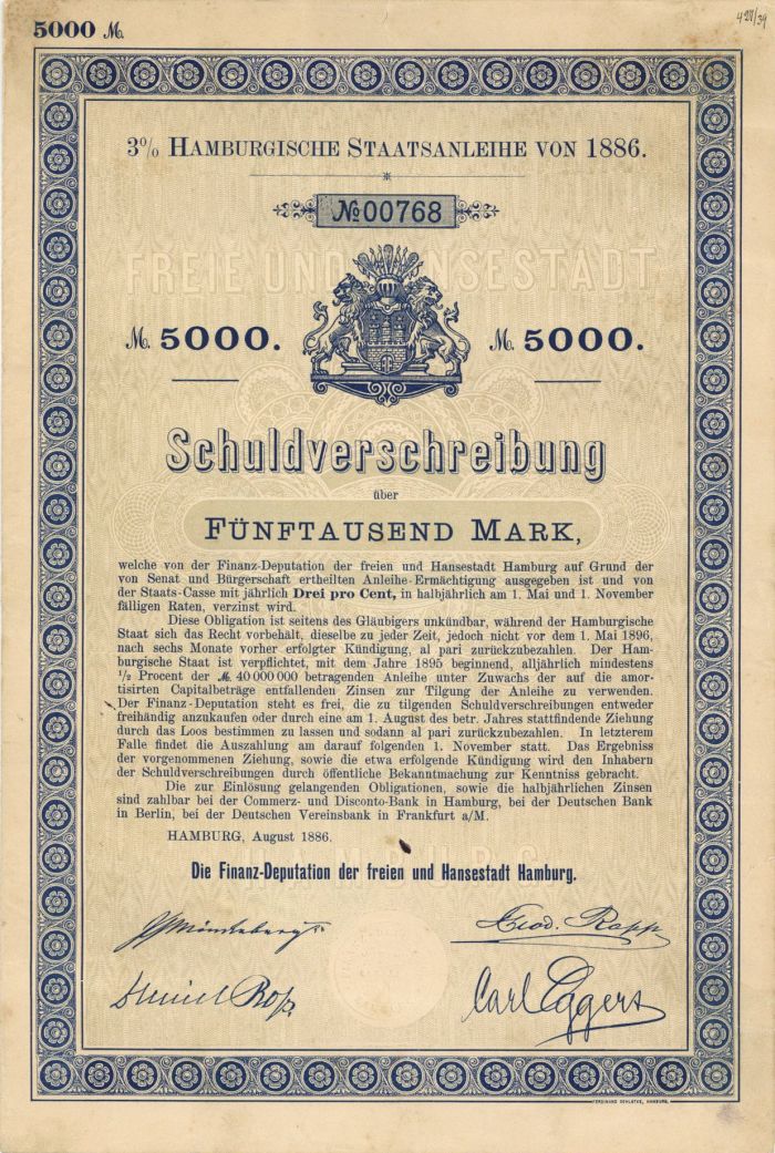 Hamburgische Staatsanleihe Von 1886 - 5,000 Mark Bond
