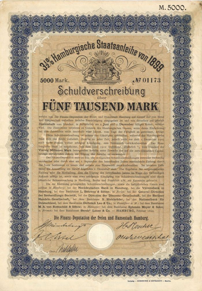 Hamburgische Staatsanleihe Von 1899 - 5,000 Mark Bond
