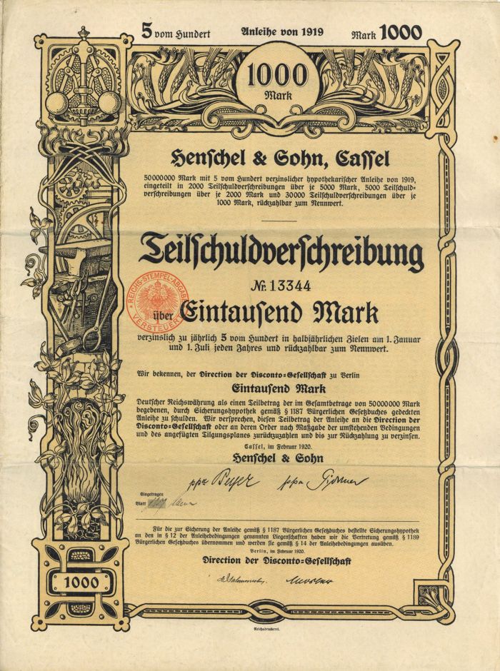 Henschel and Gohn, Gassel - 1,000 German Mark Bond