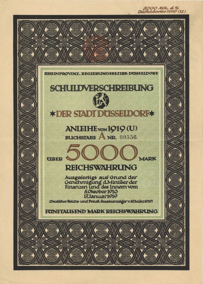 Rheinprovinz. Regierungsbezirk Dusseldorf- 5,000 Mark Bond