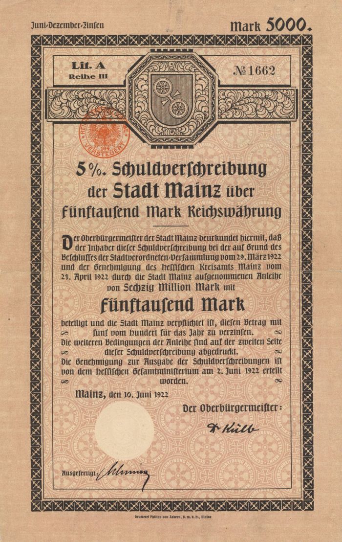 Schuldverfchreibung der Stadt Mainz- 5,000 Mark Bond
