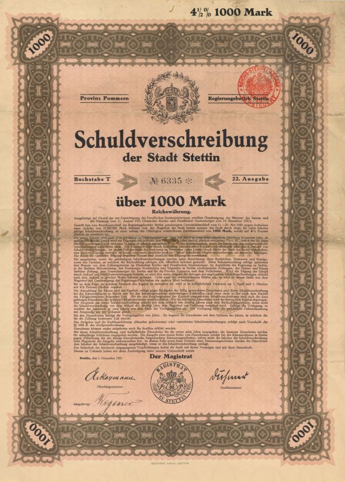 Schuldverchreibung der Stadt Stettin- 1,000 Mark Bond