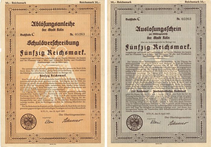 Ablosungsanleihe der Stadt Koln- 50 Reichsmark Bond