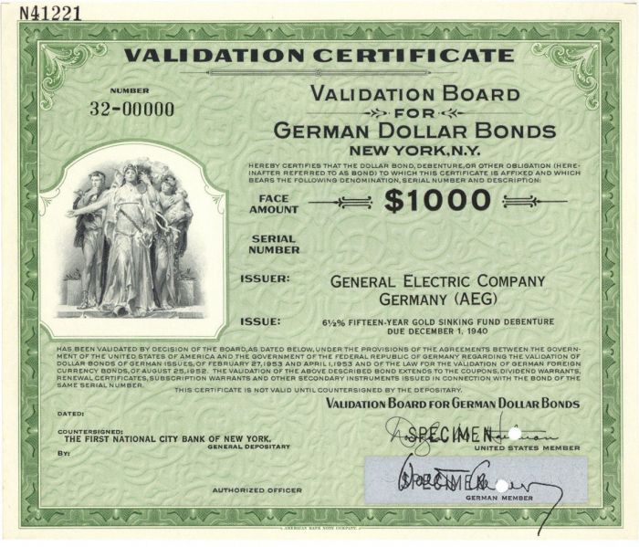 General Electric Co. Germany (AEG) - $1,000 Specimen Bond