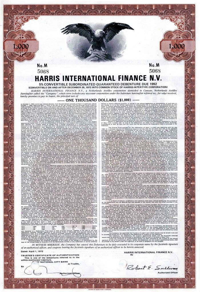 Harris International Finance N.V. - $1,000 Bond
