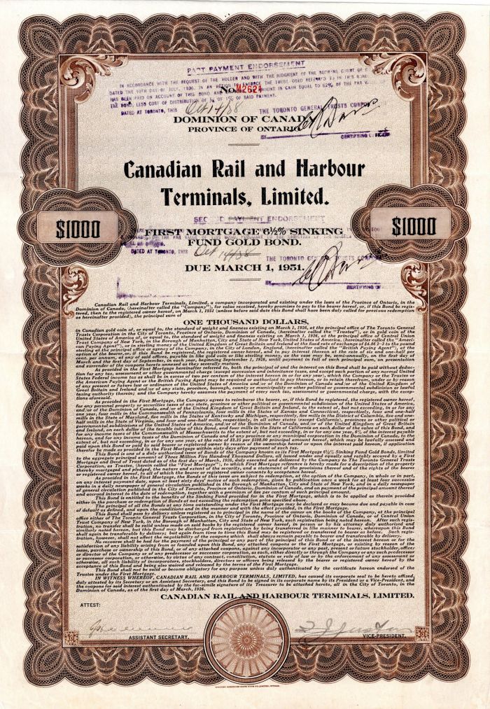 Canadian Rail and Harbour Terminals, Limited - $1,000 Railway Gold Bond