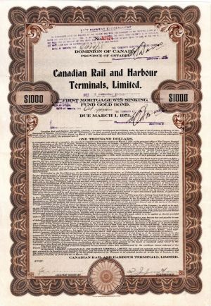 Canadian Rail and Harbour Terminals, Limited - $1,000 Railway Gold Bond