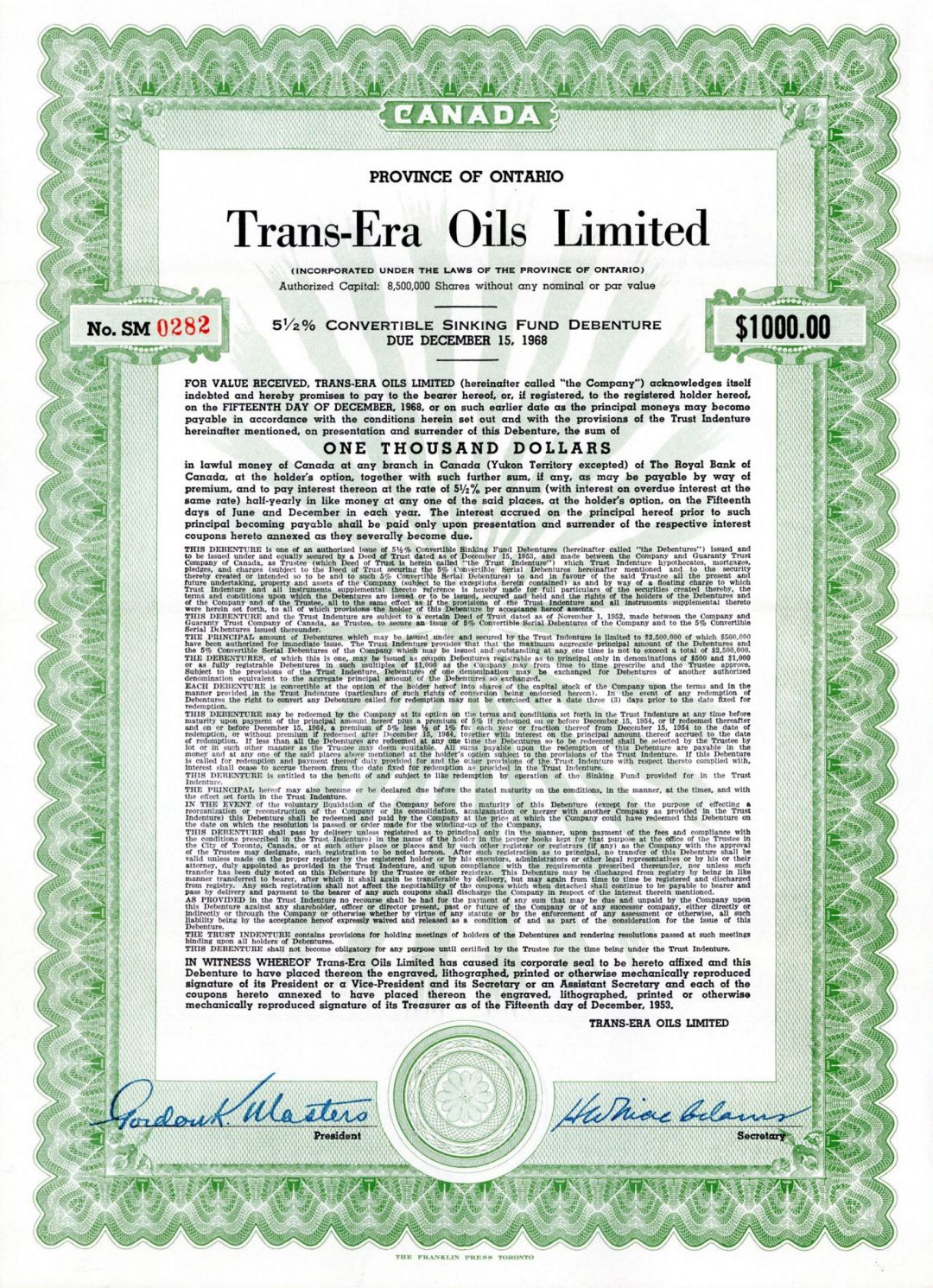 Trans-Era Oils Limited - $1,000 Bond