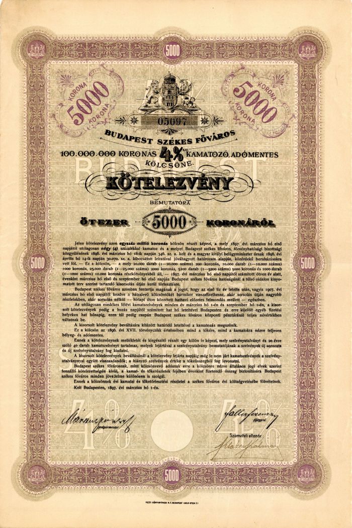 Budapest Szekes Fovaros - 5,000 Korona Bond