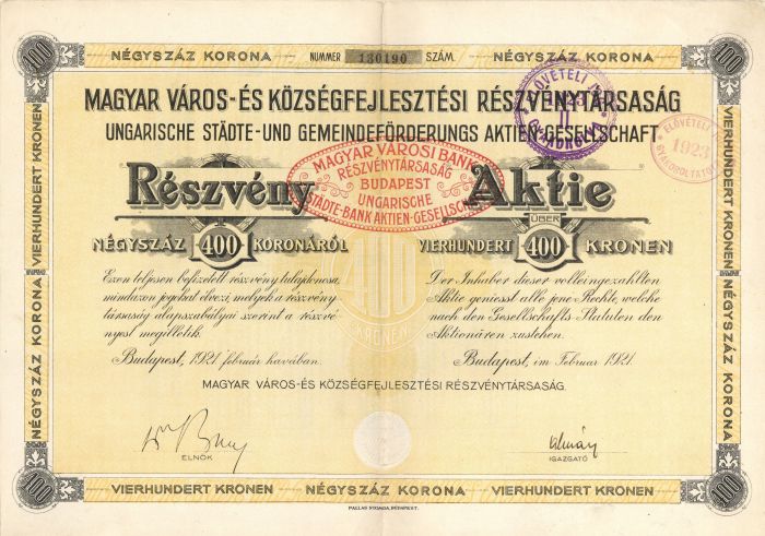 Magyar Varosi Bank - 400 Kronen Bond