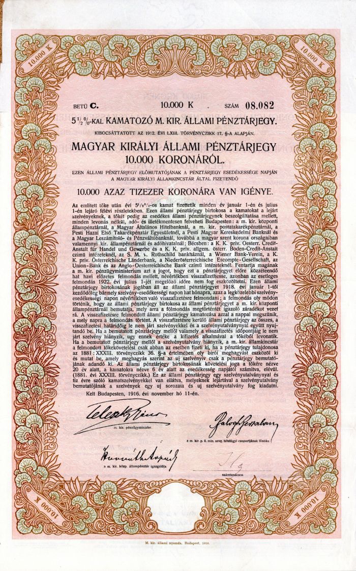 Magyar Kiralyi Allami Penztarjegy - 10,000 Korona Bond