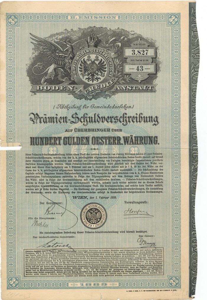 Pramien=Schuldverschreibung - 100 Gulden Bond