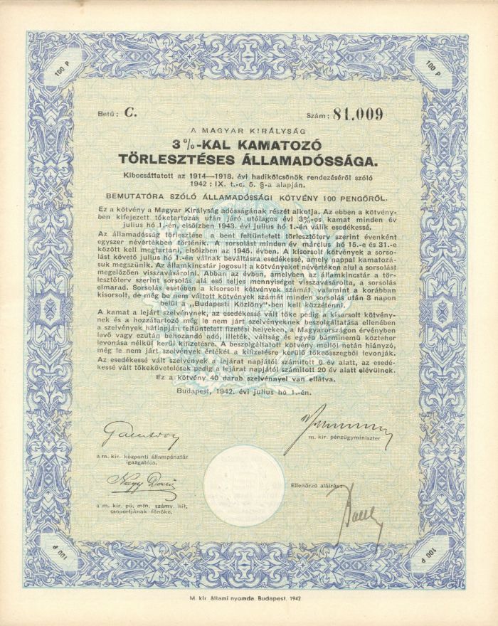 A Magyar Kiralysag - 50 or 100 Pengorol Bond