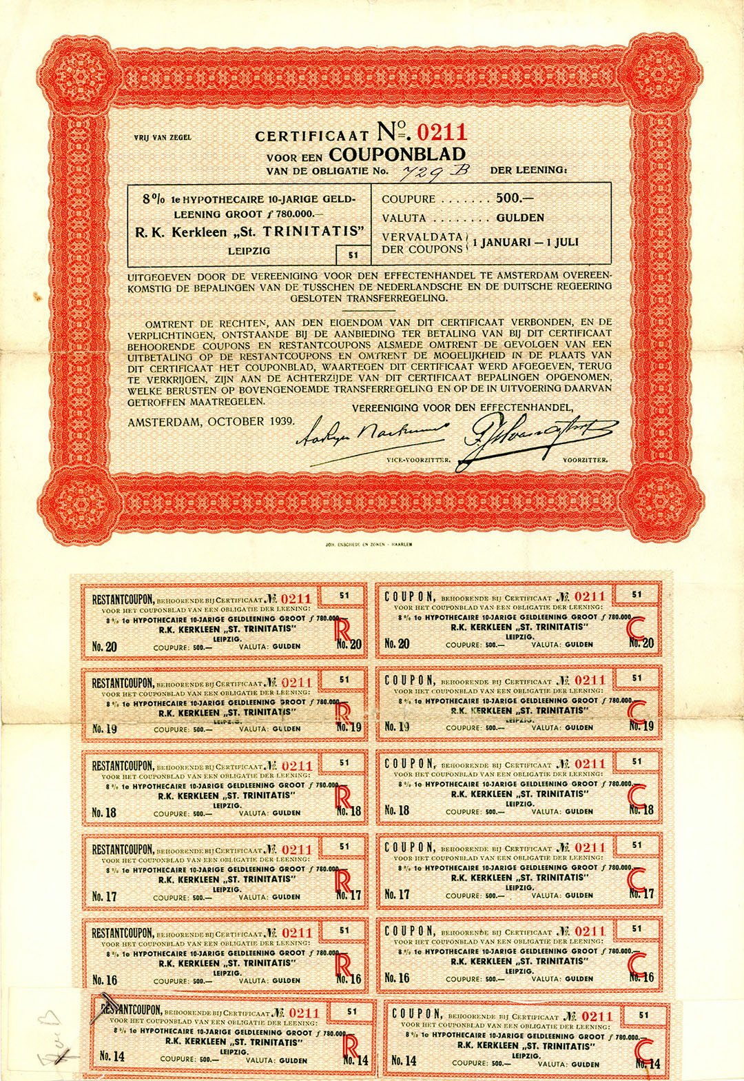 R.K. Kerkleen St. Trinitatis - 1,000 or 500 Gulden Bond