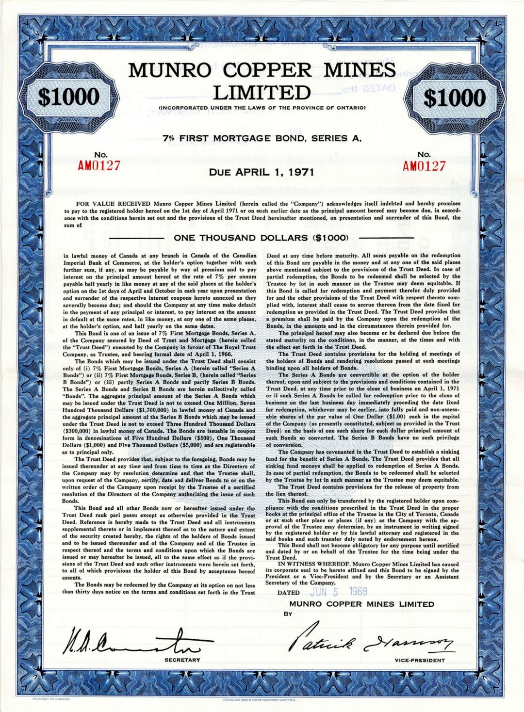 Munro Copper Mines Limited - $1,000 Foreign Bond