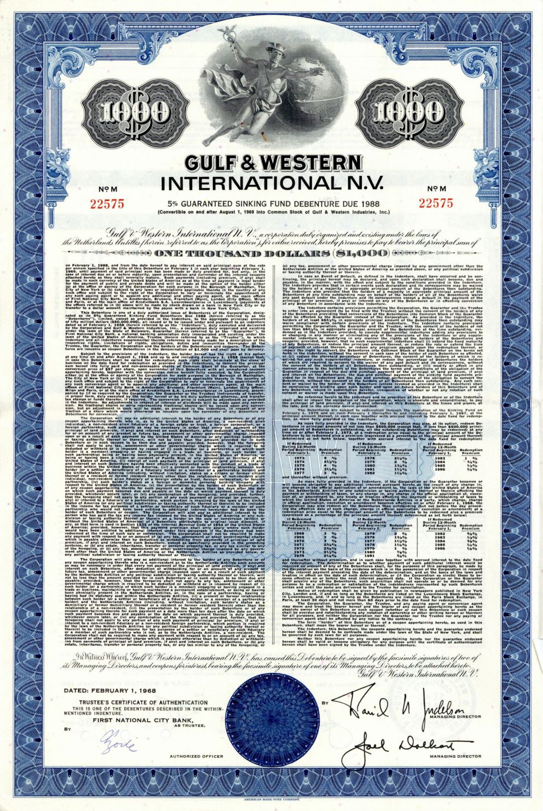 Gulf and Western International N.V. - dated 1968 Netherlands $1,000 Sinking Fund Bond