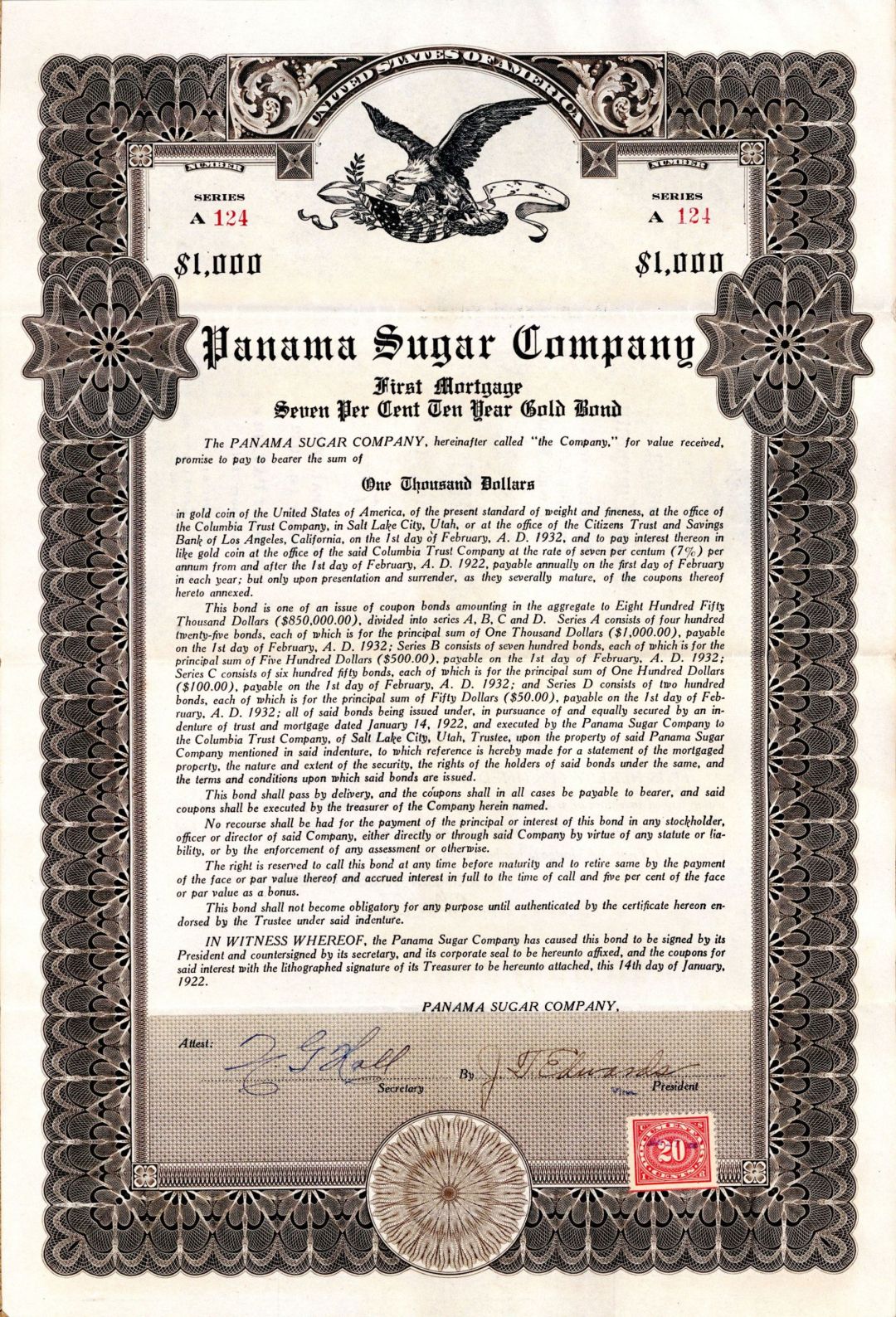 Panama Sugar Co. - 1922 dated $1,000 Sugar Refining Panamanian Bond