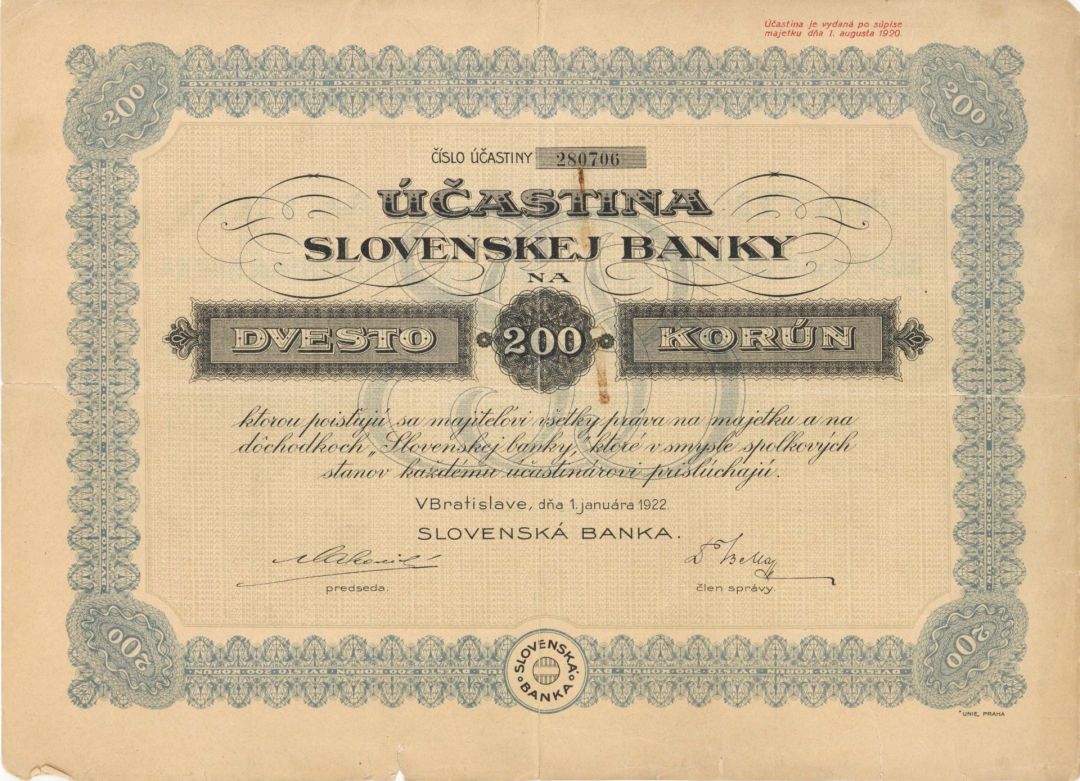 Ucastina Slovenskej Banky NA - 1922 dated 200 or 5,000 Korun Bond