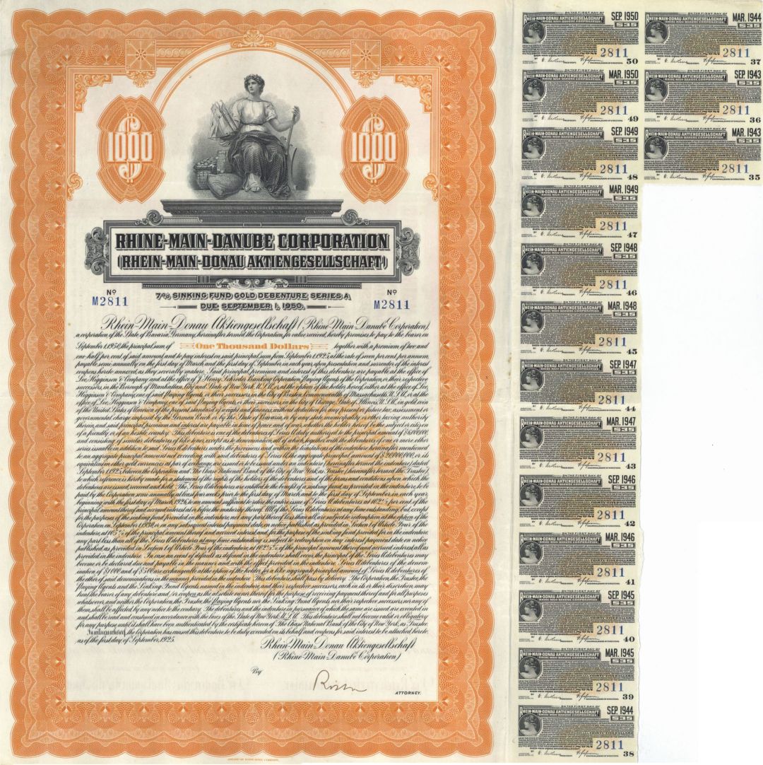 Rhine Main Danube Corporation - Rhein-Main-Donau Aktiengesellschaft - 1925 dated $1,000 Uncanceled German Gold Bond - Rhine-Main-Danube of Germany