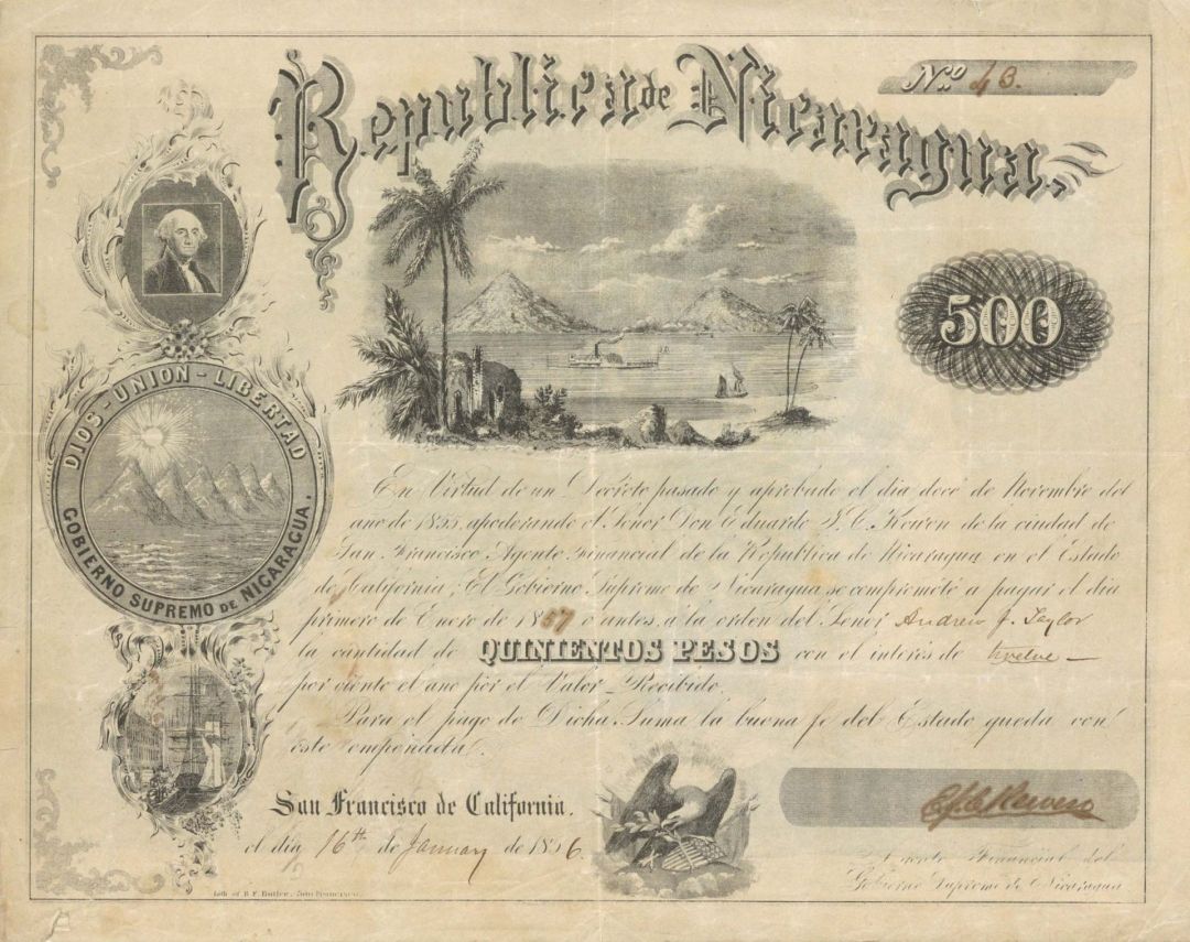 Republic of Nicaragua - 1856 dated $500 Uncanceled Bond